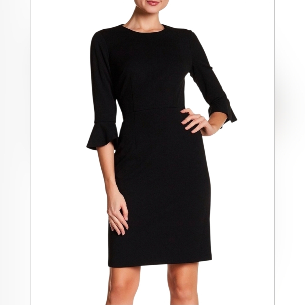 Donna Morgan Ruffle Cuff Sheath Dress 3/4 Sleeve Black Size 6 NWT Wedding